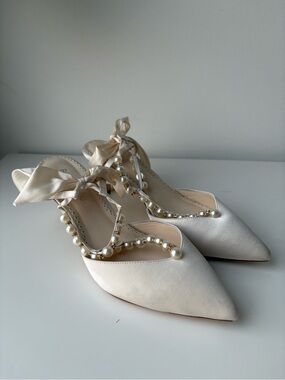Lucia T-Strap Pearl Kitten Heels with Silk Ankle Bow Wedding shoes